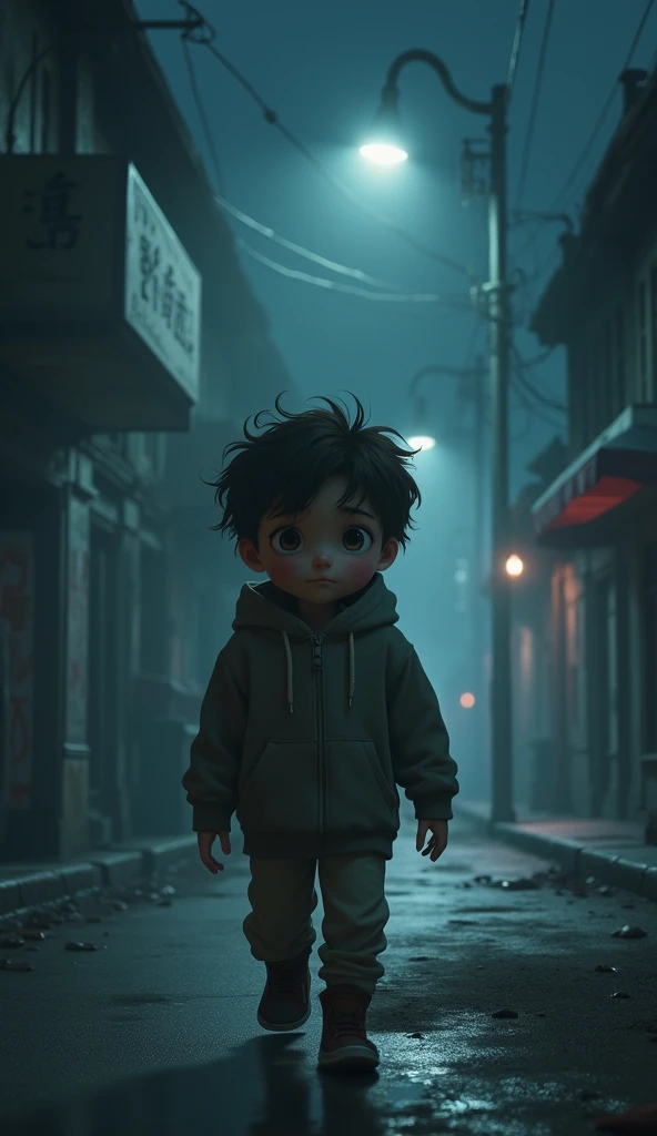 "A young boy with big expressive eyes, fluffy brown hair, wearing a cozy hoodie, is walking alone on a deserted, dimly lit street at night. He looks curious but slightly cautious, with street lamps casting a soft, eerie glow. Shadows add a cold, suspensefu...