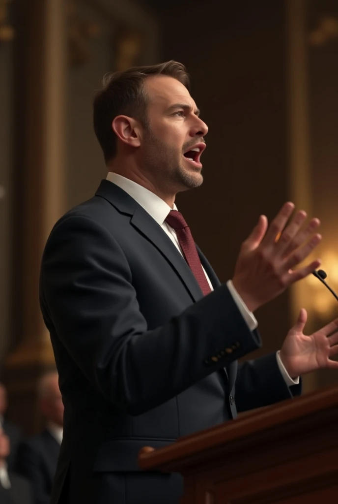 Generate a hyper-realistic image of
a 25-year-old man, in formal attire,
giving a public speech with animated
facial expressions. ronldo