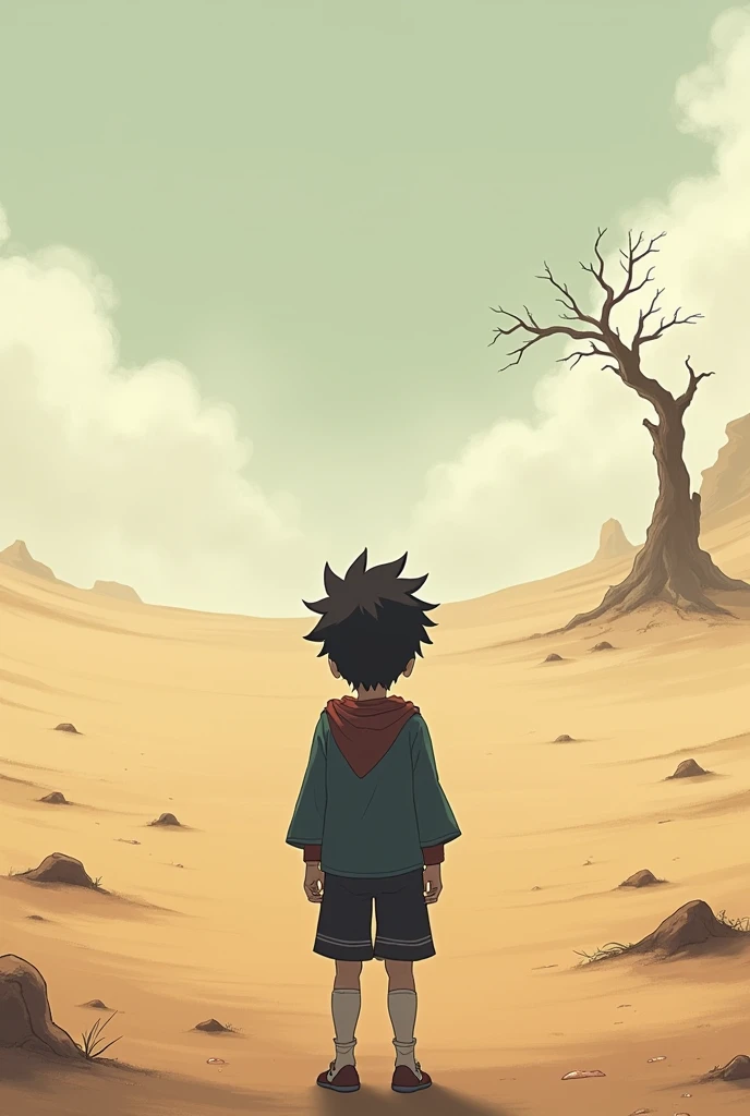 Alone boy wearing anime character, camera angle from behind, standing in desert and looking at the  dead tree which is far away 