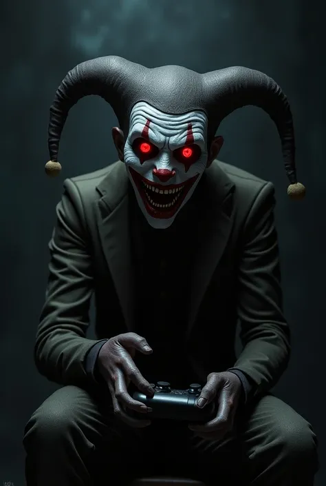 A jester with a big creepy smile and glowing red eyes, sitting down while using a controller.