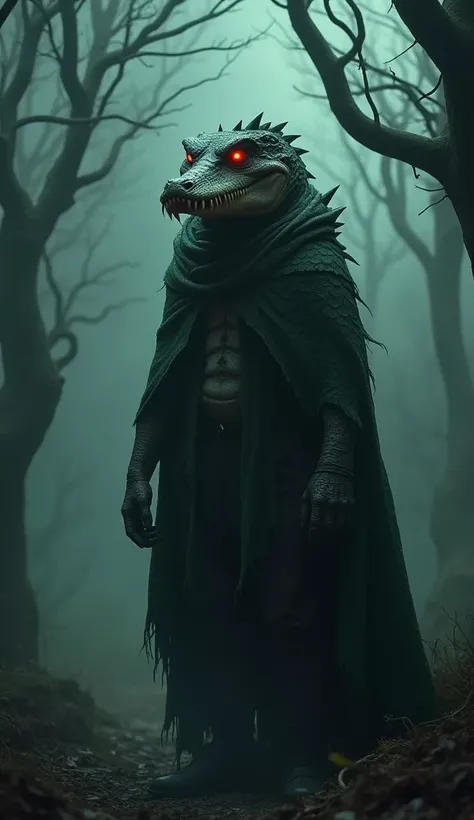 A dark, alligator-faced witch stands in the middle of a foggy forest, with a menacing posture and glowing red eyes. Night scene in a dense forest, in the background, twisted branches and mysterious shadows. The Cuca wears an old, torn cape with a pattern o...