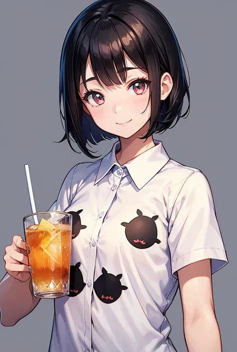  1 girl, smile,  shortcuts, Black Hair,  high definition,  high quality, Bob Hair, Droopy eyes,  yandere,  simple background , Cow pattern shirt ，Drink small iced tea