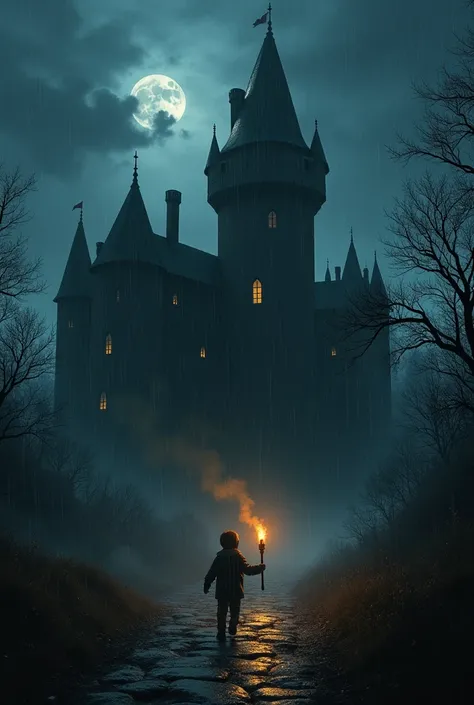 A boy walks with a torch to a scary haunted castle while its raining 