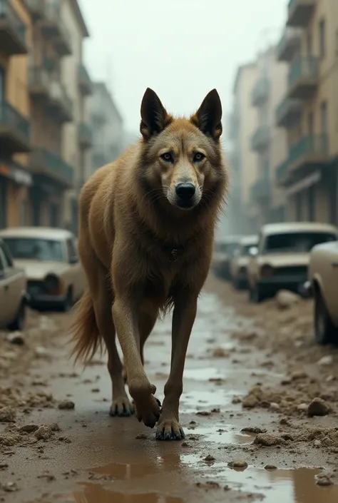 Fantastic photo . A hybrid of dog and human,  A stray dog that has a mans head,  walking on a street in Valencia ,  the street is full of mud and cars destroyed after a flood. 