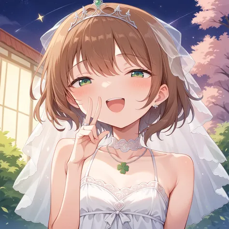  masterpiece、8k,Rin Shima、Wearing a white wedding dress。Brown Hair。Flat chest。Night Sky。 shooting stars 。Flutter。garden、She is wearing a silver ring on her left ring finger.。髪にFour-leaf clover。Wearing a necklace。Blushing。 is laughing。She has a tiara on her...