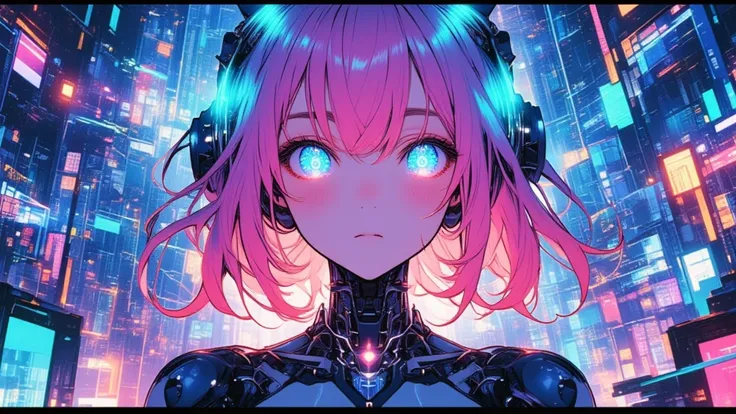 (Masterpiece、High image quality、 high definition、4K、8k、 detail)、 half machine（ Her Eyes Shine With Blue Crystals、 beautiful face、cute middle school girl with pink medium long hair 、Slim body、Headphones that look like glowing radios）、 staring at me、Digital ...