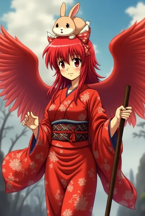 Ranma 2 / 1 Shampoo Red Hair ,  Rabbit on Head ,  Red Yukata ,  Wooden Stick in Hand,  Red Wings 