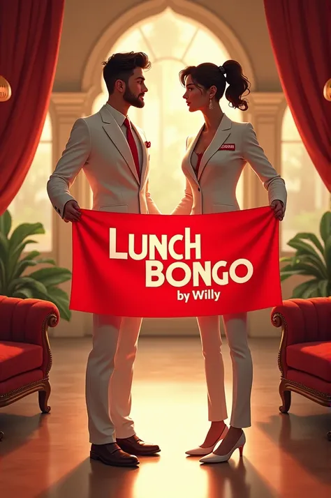 Two lovers in a classic hotel with their white suits labeled “WILLY” and they are holding a red banner written “LUNCH BONGO BY WILLY”