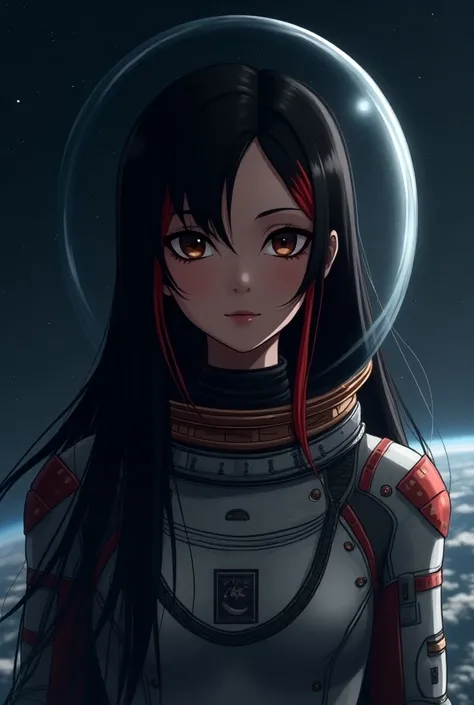 A female astronaut with long black hair divided in half and a red lock,. In space and brown eyes  