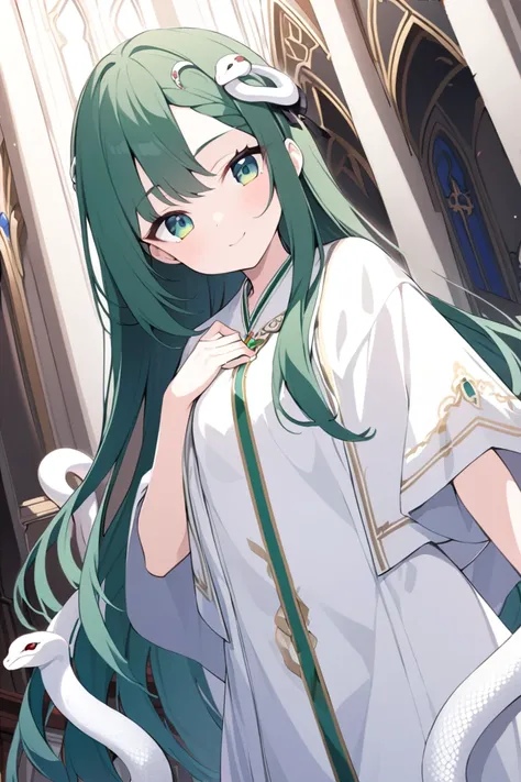 Dark green hair， waist-length hair ，Teenage Girl，White snake hair ornament，church，  Divine Robe  ，  A gentle smile，  emerald eyes， flat chest 