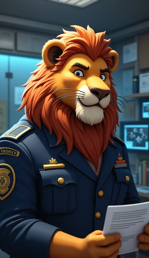 Officer Sheru lion round face expensive shining eyes large hair and Nick:fox expensive eyes wear it offers dress 
    - Examining clues (fabric, security footage)
    - Discussing the case
- Background: Police station, evidence board