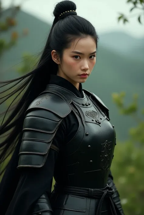 Beautyful chinese girl with black hair and wear chinese black armor