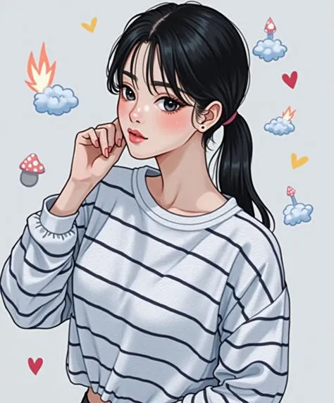 a close up of a woman wearing a  Striped Shirt  and a ponytail, Translator, Ulzzang,  Striped Shirt を着ている, Asymmetric!!, Colored Shirt, Chiho,  stripes on the left eye ,  Striped Shirt , stripes above the eye , ❤🔥🍄🌪, 🚿🗝📝,  profile picture ,  this is Junjis...