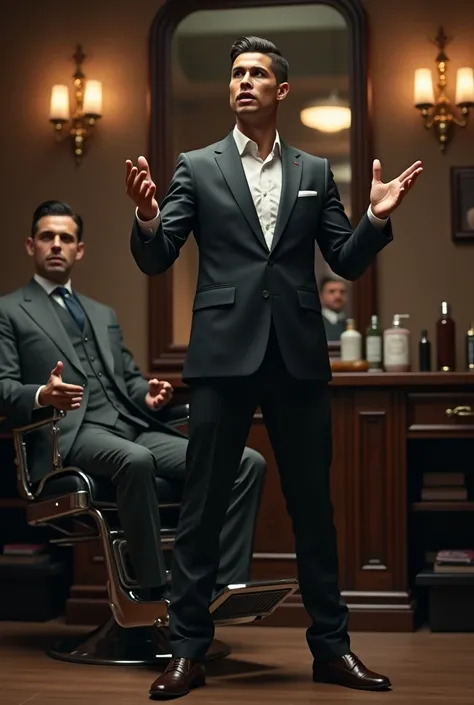 Cristiano Ronaldo image in a barbershop: Generate a hyper-realistic image of
a 25-year-old man, in formal attire,
giving a public speech with animated
facial expressions. ronaldo