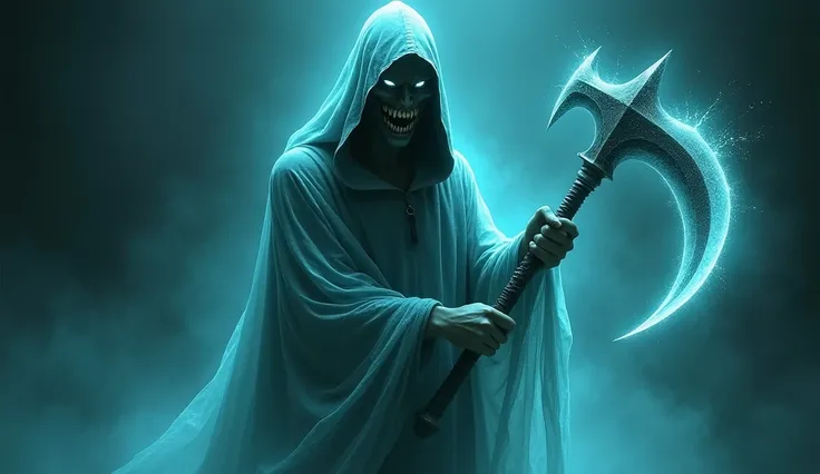  a ghost-like character wearing a blue hood。 has an eerie smile showing sharp fangs on his face 、 eyes are small and sharp 。 holds a large sickle with both hands 、 the blade shines sharply 。The body has no substance 、 shimmers like fog 。Dark Background