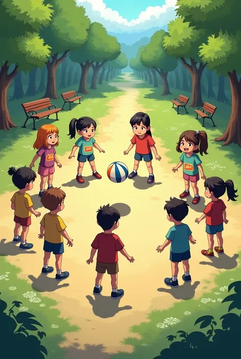 4 decent girls and 4 boys divided in a circle to play volleyball in the park