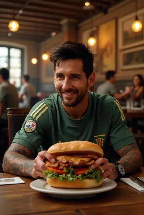  Messi is eating a sandwich and having a restaurant