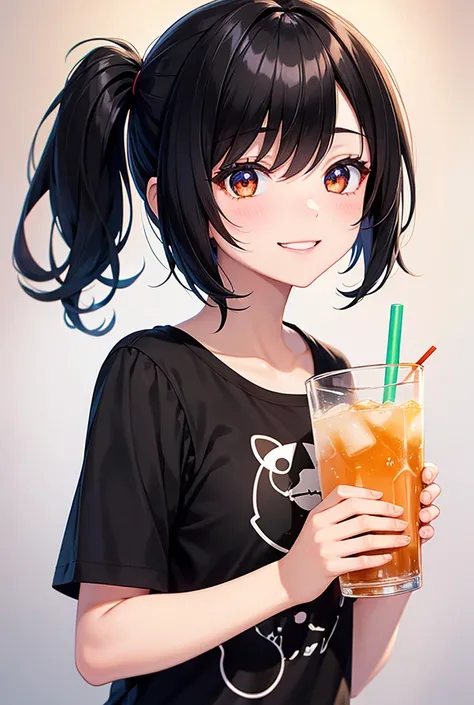  1 girl, smile,  shortcuts, Black Hair,  high definition,  high quality, Bob Hair, Droopy eyes,  yandere,  simple background , Cow pattern shirt ，Drink small iced tea