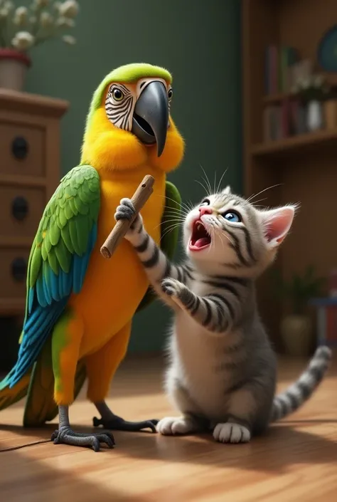 A cocktail-type parrot holds a stick and hits a cat with it and the cat cries 