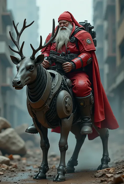 The Cyber punk ,Old strong and muscle   Santa clause  with full armor   in red outfit, Riding  Mech Robotic Reindeer  with   machine gun, Dark and Futuristic theme, Post  Distopia  movie theme