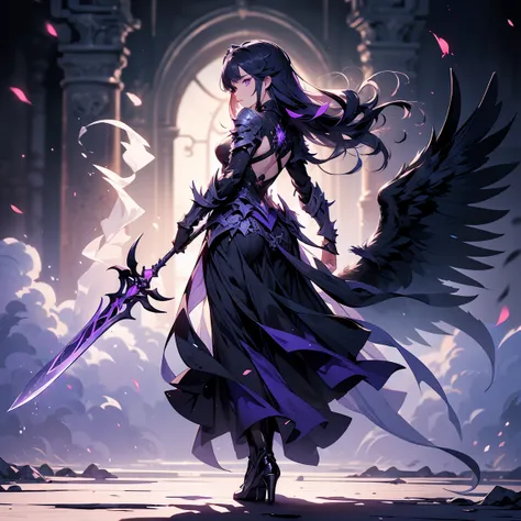 (((masterpiece, best quality, high detailed, 16k))) (1girl) A mysteriously alluring woman with short spiky purple hair and piercing violet eyes. She wears an ethereal, shadow-like armor that shifts and moves like smoke. Black, feathered wings emerge from h...