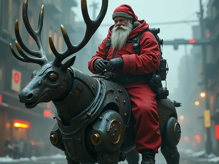 The Cyber punk ,Old strong and muscle   Santa clause  with full armor   in red outfit, Riding  Mech Robotic Reindeer  with   machine gun, Dark and Futuristic theme, Post  Distopia  movie theme