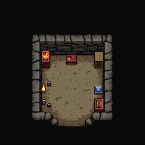 Top-down pixel art of a dungeon room, flat walls with shadows directly beneath items like chests and tables.