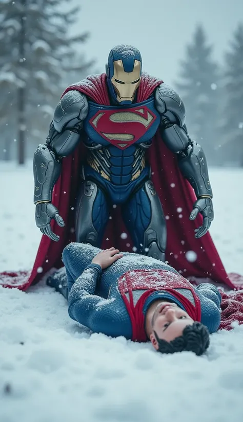 "In a stark, snowy landscape, the lifeless body of a character resembling Superman lies face down in the snow, his iconic blue and red suit contrasting sharply with the white surroundings. His powerful form is now still, evoking a sense of tragedy. Standin...