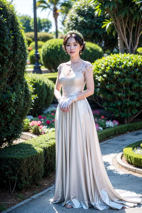 ((masterpiece)), ((best quality)), a middle-aged short-hair woman, ((she is wearing an ornamental wedding dress)), she is in a g...