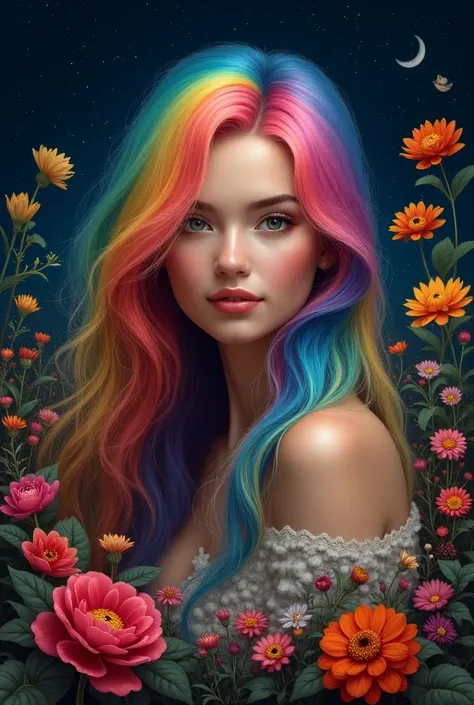 realisticlying, a high resolution, rainbow hair, night, flowers,