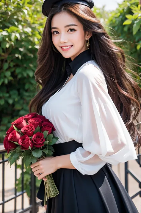 Best Quality、4K、  Perfect Face 、 perfect style that made me blush、Sunburn、beautiful、 Elegant Appeal 、 Maduro、 Long Layered Curly Hair 、  Hair Sliding Backwards Wearing Military Uniform 、Paris 、whole body,  Dazzling Smile 、Holding a bouquet of roses 、Pionee...