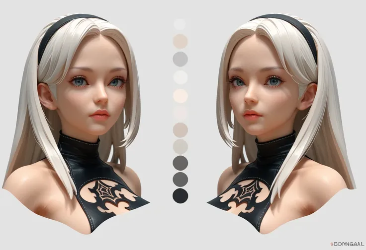 character sheet desing lady 2b from nier automata, only head. beauty face, perfect proportion, beauty, ultra detailed face. view...