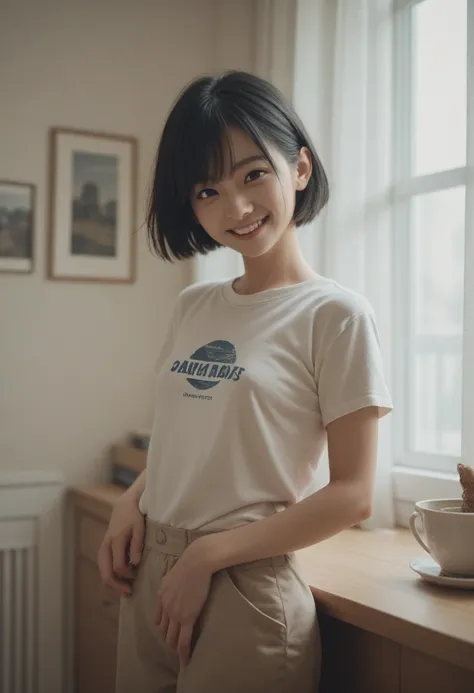 Short Hair,Black Hair,small breasts,shirt,smile,room