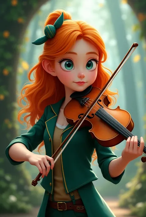  A 15-year-old girl , very pale,  bright orange hair , medium length ,  aqua-blue eyes , playing a violin,  wearing Hexides uniform , Coven of bards ,  the animation like the animated cartoon of The Owl House, drawing.
