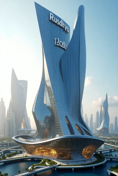 Generate a futuristic Hotel Luxury building  with the logo RUSDHY CITY, daytime