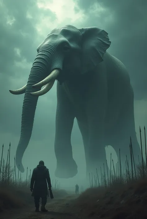 Make the image of a gigantic four-legged mystical elephant in the distance with a long, distorted body with several spears embedded in it, in a big storm , He looks like something divine , with rays falling next to  