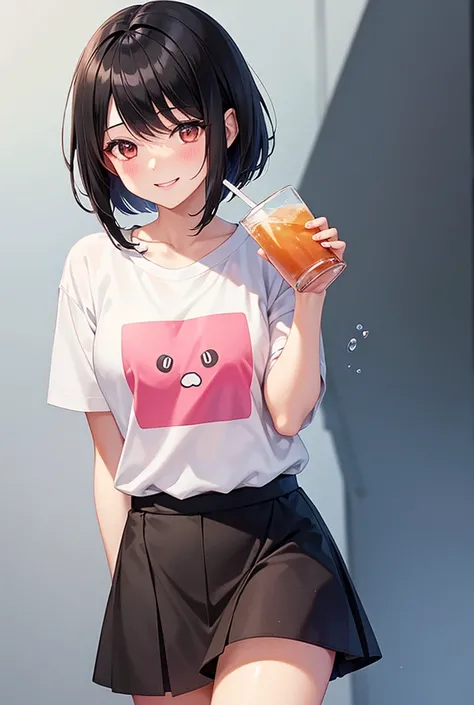  1 girl, smile,  shortcuts, Black Hair,  high definition,  high quality, Bob Hair,  yandere,  simple background , cow print shirt，Drinking iced tea