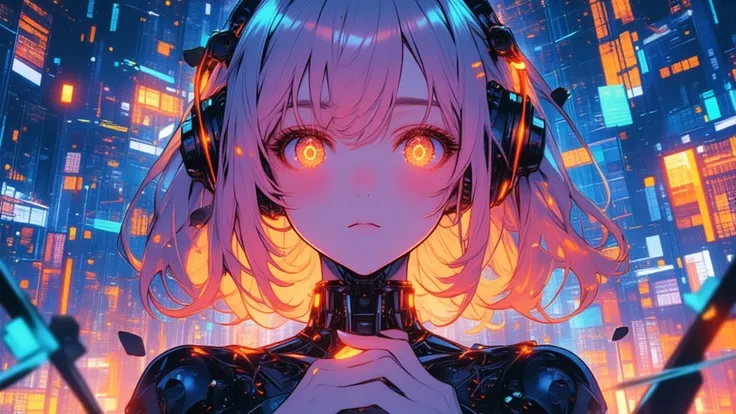 (Masterpiece、High image quality、 high definition、4K、8k、 detail)、 A cute middle school girl who is half a machine （My eyes glow with dark pupils and orange crystals、 beautiful face、cute middle school girl with pink medium long hair 、Slim body、Headphones tha...