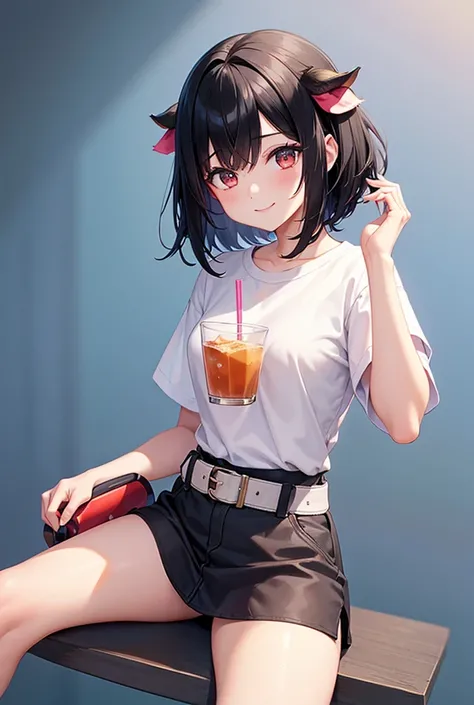  1 girl, smile,  shortcuts, Black Hair,  high definition,  high quality, Bob Hair,  yandere,  simple background , cow colored shirt，Drinking iced tea