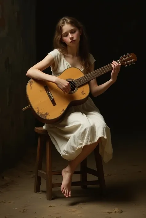 Create an 8k HD painting in the style of the painter Garavaggio ,To a young beggar woman , barefoot , Wearing a white dress showing their legs crossed together ,playing guitar,with details of wear and tear on the guitar sitting on A stool with a light and ...