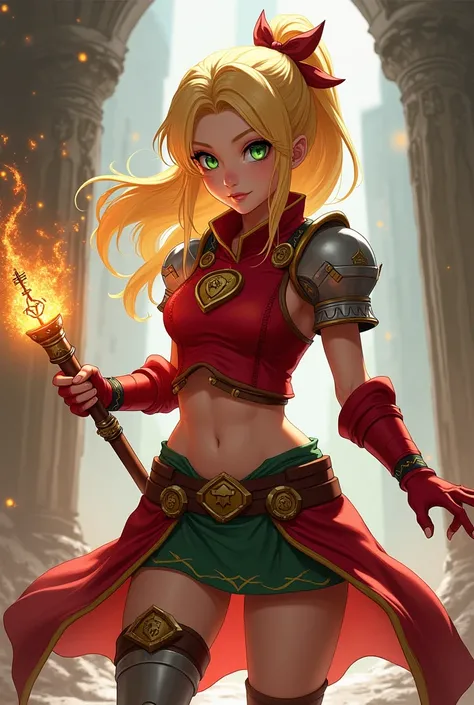 red armor, cloth athletic skirt covers her entire body, 4k detailed jean giraud painting of a perky feminine magical girl with a blonde pony tail green eyes wearing athletic red skirt, athletic red tabard with runestone emblem on chest, bare shoulders and ...