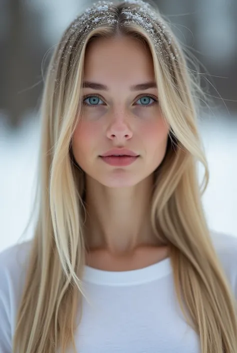 Russian girl, age 24, long straight blonde hairs, blue eyes, fair complexion, high cheekbone, gracious neckline, snow (8k, ultra-realistic, photography) (portrait, front view, face focus, detailed face) (t-shirt, round neck)