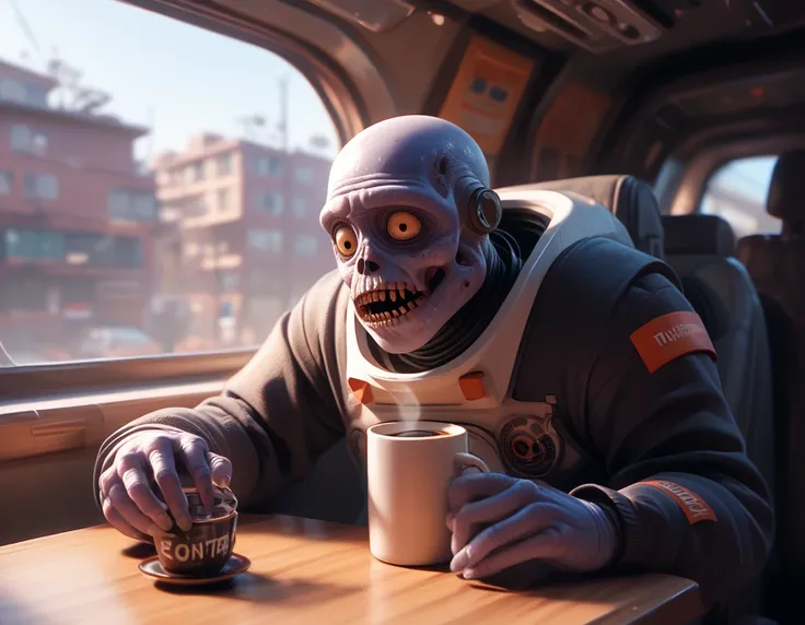 an 3D Rendering of astronaut, on the starship interior sit, with a cup of coffee in her hand, zombies in the background, horror scenary
