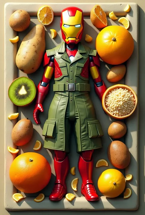 picture of potato, lemon rice, army dress, iron man, kiwi, orange with each picture in seperate blocks add army dress and lemon rice  in squares