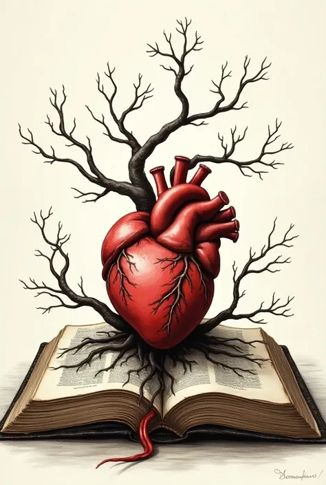 Drawing with prints :  Open Bible with root and on top a human heart with the phrase: Fruit cell coming out of the Bible .