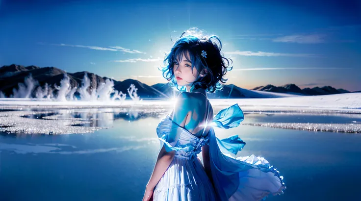 Absurd,  high definition, (Official Art, Beautiful and aesthetic:1.2), (Shortsighted:1.15), ( 1 girl,  blue hair , curly hair,  blue eyes, Bright Eyes, long white dress , Blue frills,:1.2) Blue Sky, Shining Galaxy, ( Salar de Uyuni:1.2), ( Fractal Art :0.8...