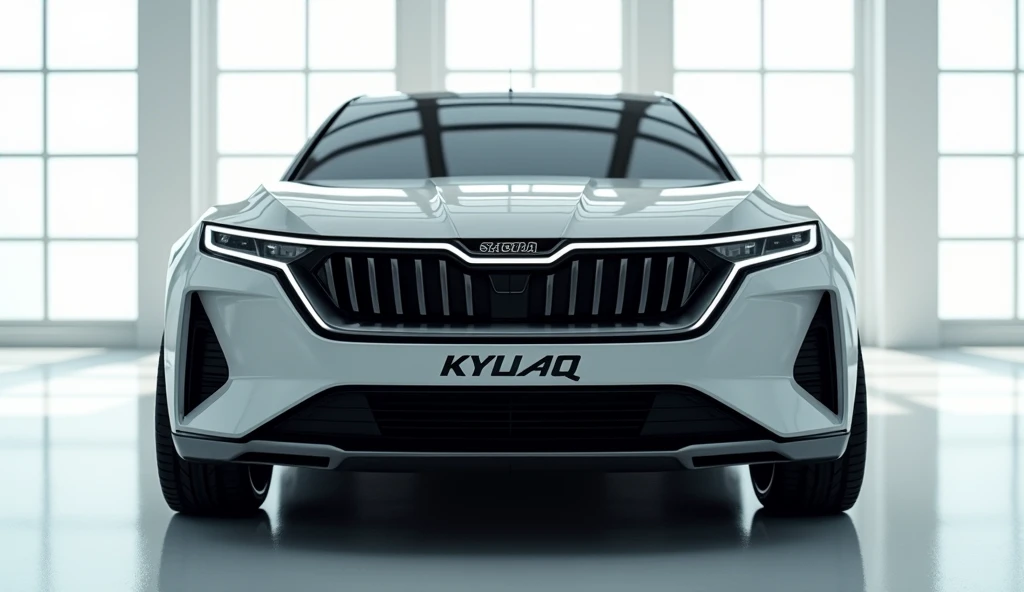 a close-up of the back of a white Skoda Kylaq  car. The car has a sleek and sporty design with a large grille in the center that reads "Kylaq" in bold black letters. The grille also has the Skoda logo and the year 2025 written in smaller black letters belo...