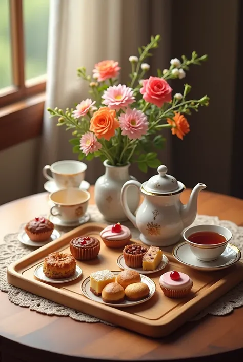 1. On a table are served various types of sweets placed in a
wooden tray. Next to the wooden tray was a teapot and several cups
with a plate. It looks like a bouquet of flowers in a vase placed in the middle of
center to decorate the table.