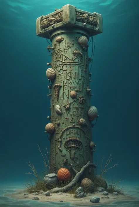 A column with marine symbols with cams and strange letters
