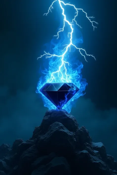 Black diamond in blue flames receiving lightning on top of a rock